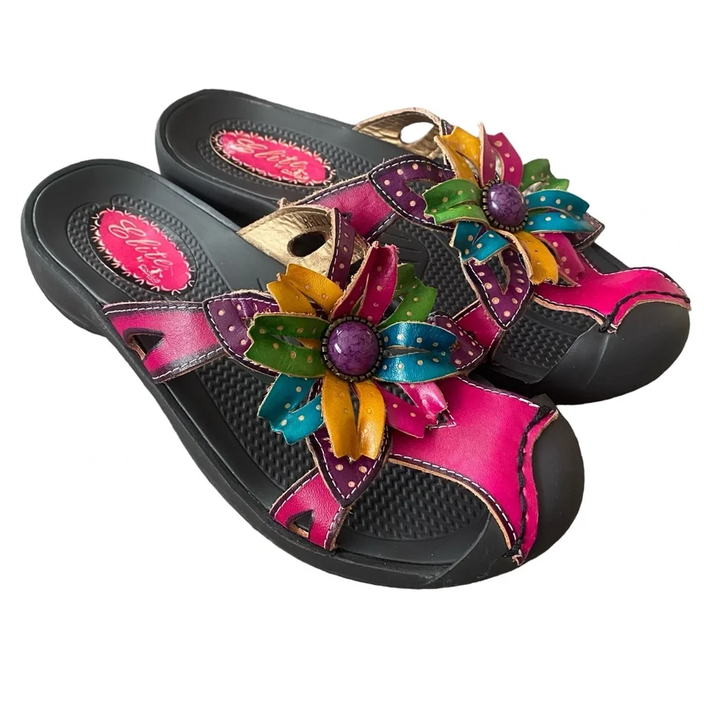 Corkys Elite Floral Leather Mule Close Toed Slide Sandals 7